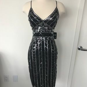 EXPRESS. Black/Silver Sequin Spaghetti Strap Dress